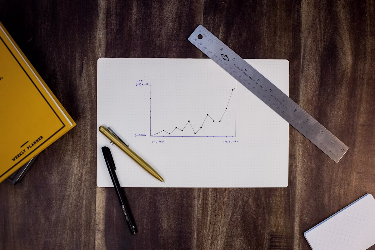 Hand-drawn upward growth chart on paper with pens, a ruler, and a yellow planner on a warm wooden desk